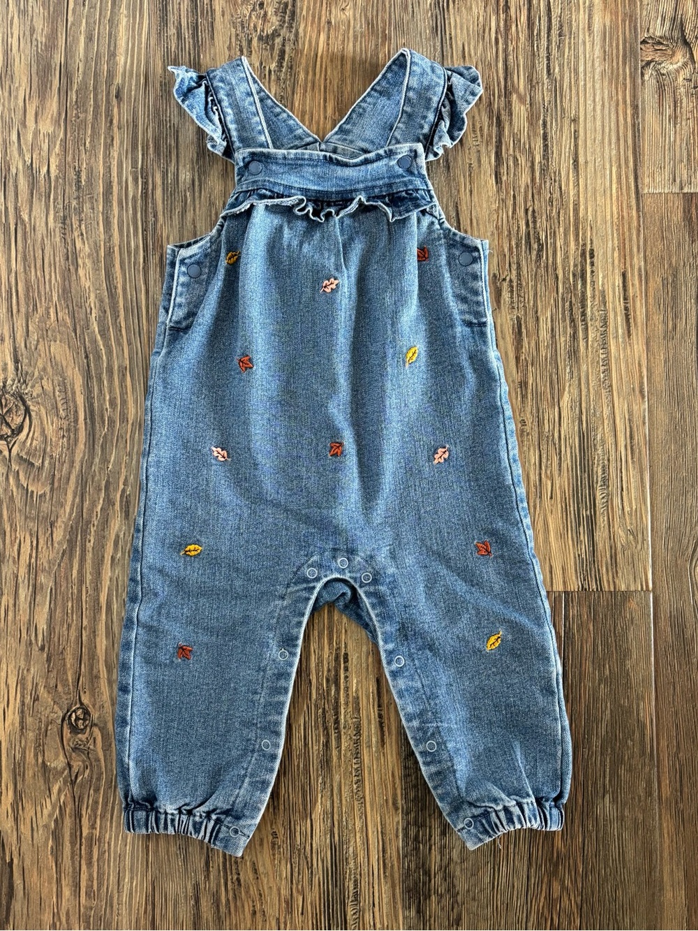 Little Me Leaf Embroidered Fall Autumn Blue Denim Overalls Baby 12 Months Ruffle